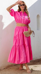 Hot Pink Tiered Midi Skirt