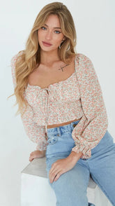 Coral Floral Front Tie Crop Top