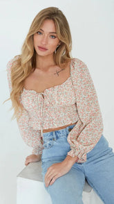 Pink Floral Long Sleeves Crop Top