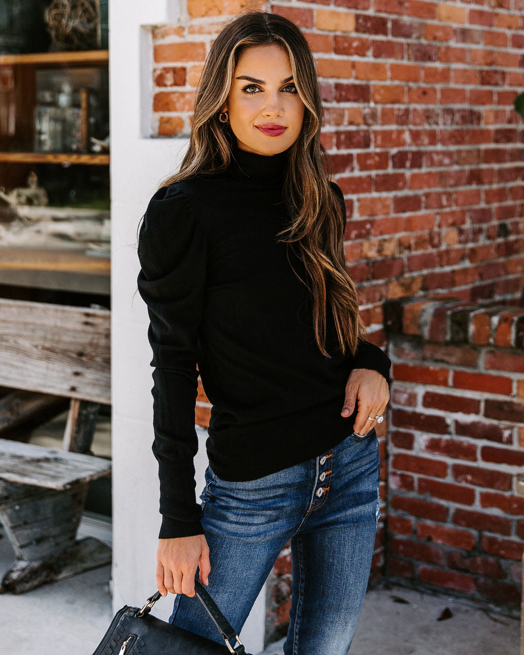 Adamant Puff Sleeve Turtleneck Sweater - Black