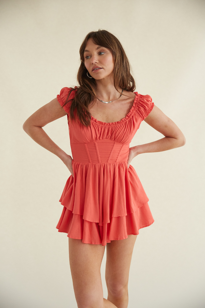 Coral Mackenzie Corset Puff Sleeve Ruffle Romper