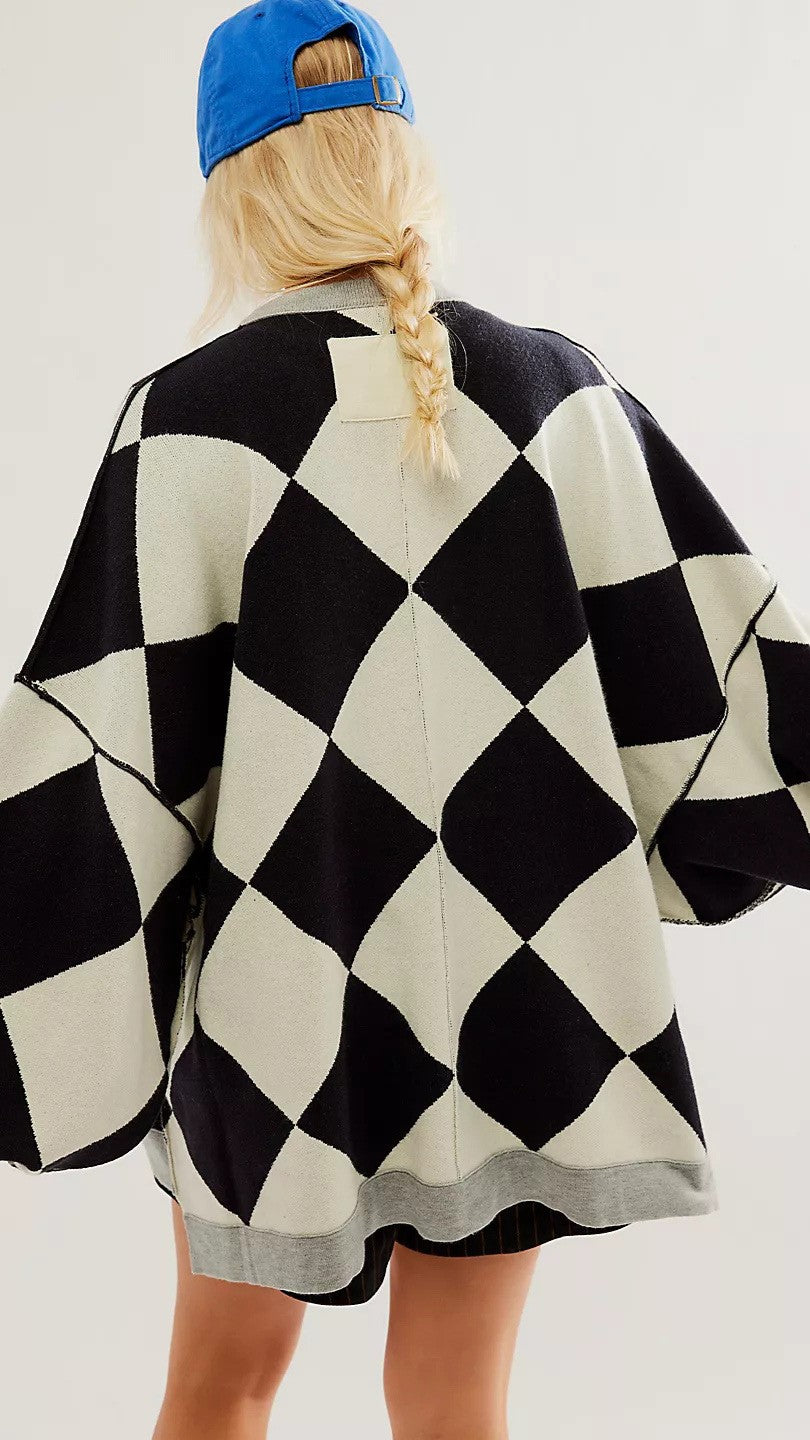 Black White Geo Print Knit Cardigan