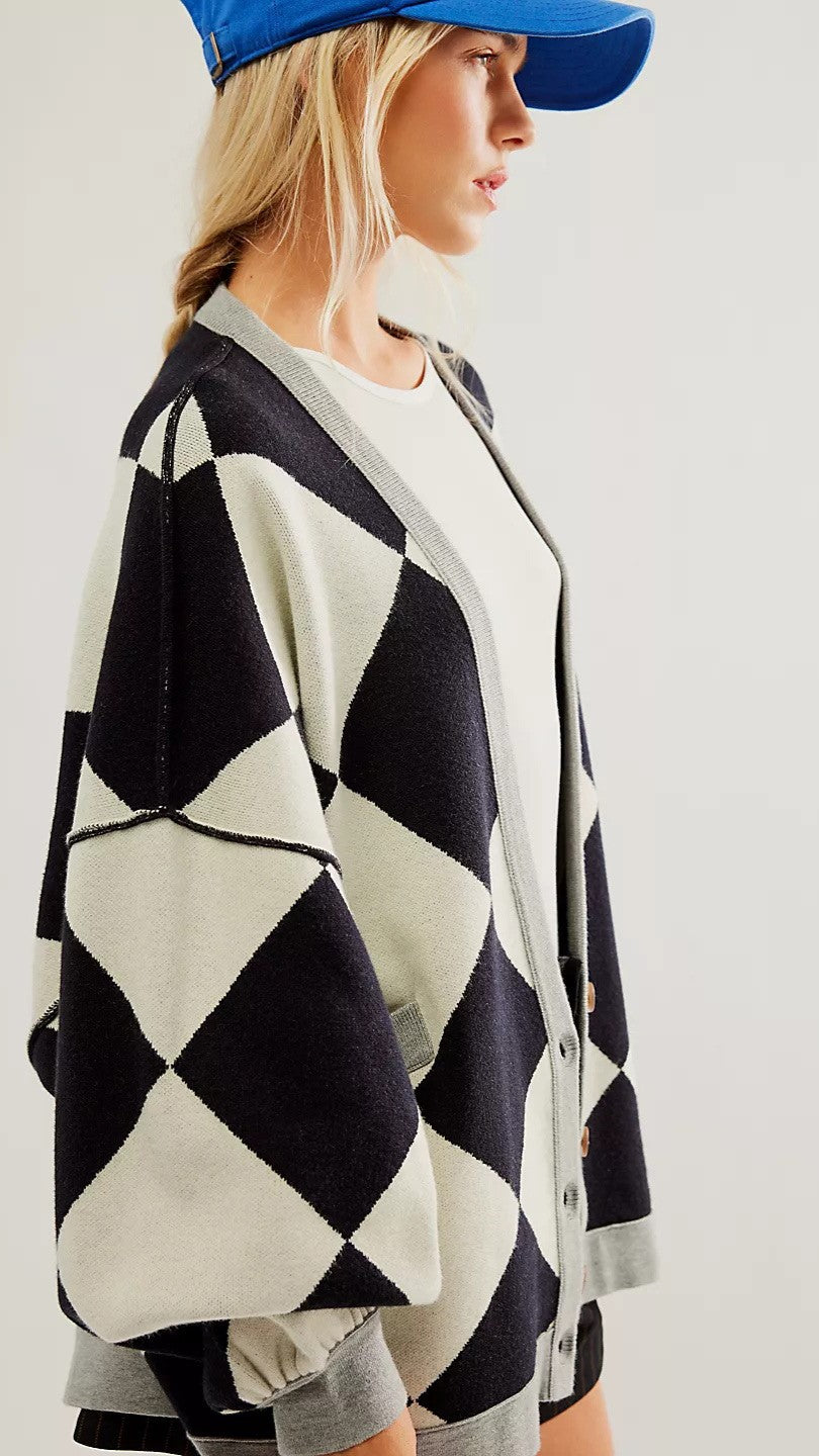 Black White Geo Print Knit Cardigan