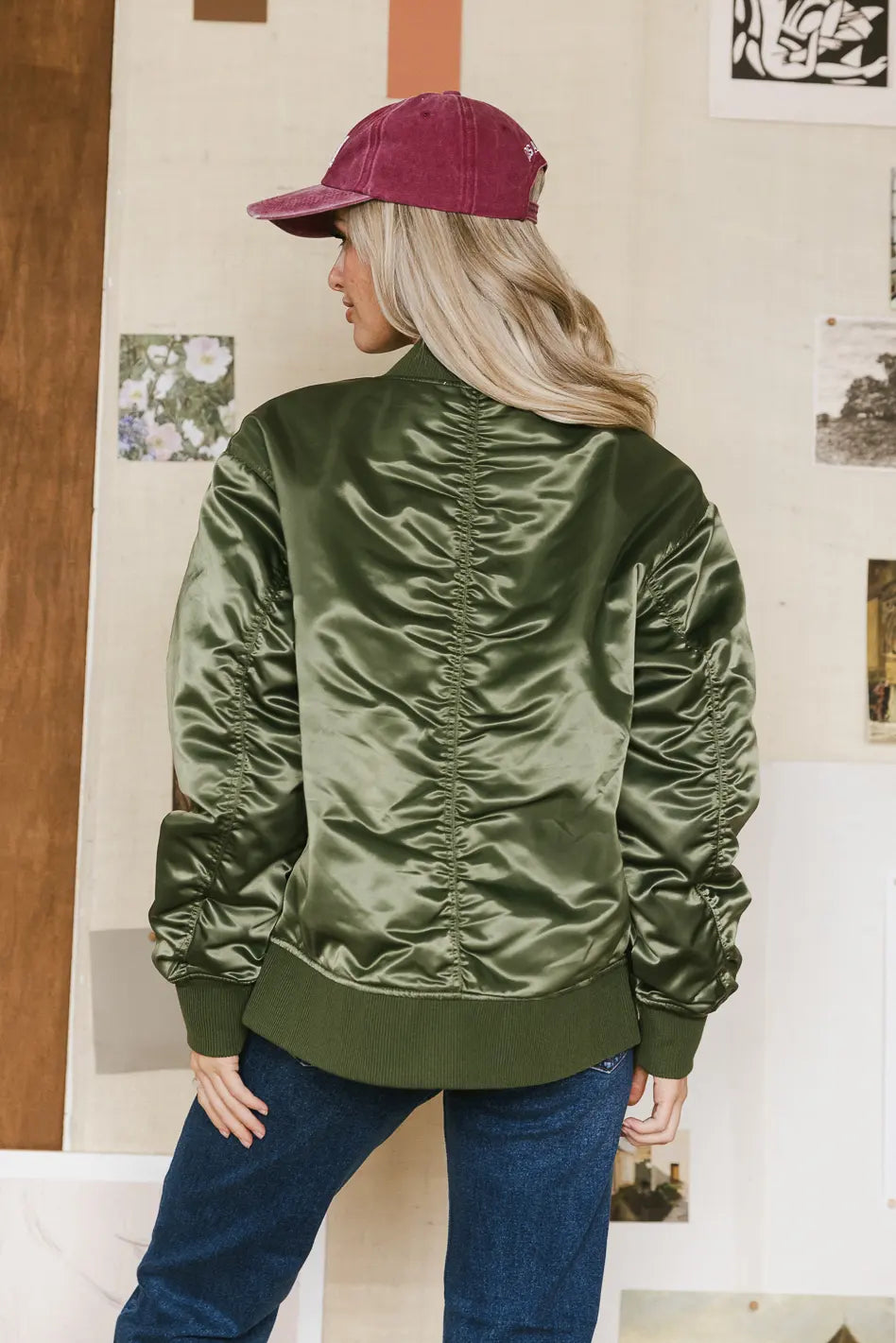 Rylee Satin Bomber Jacket in Green