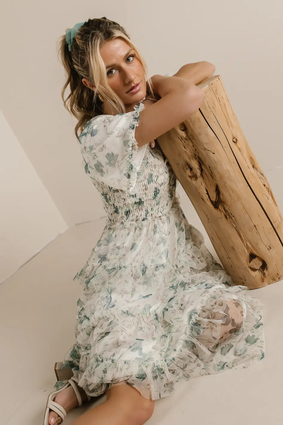 Green Floral Short Sleeves Midi Dress