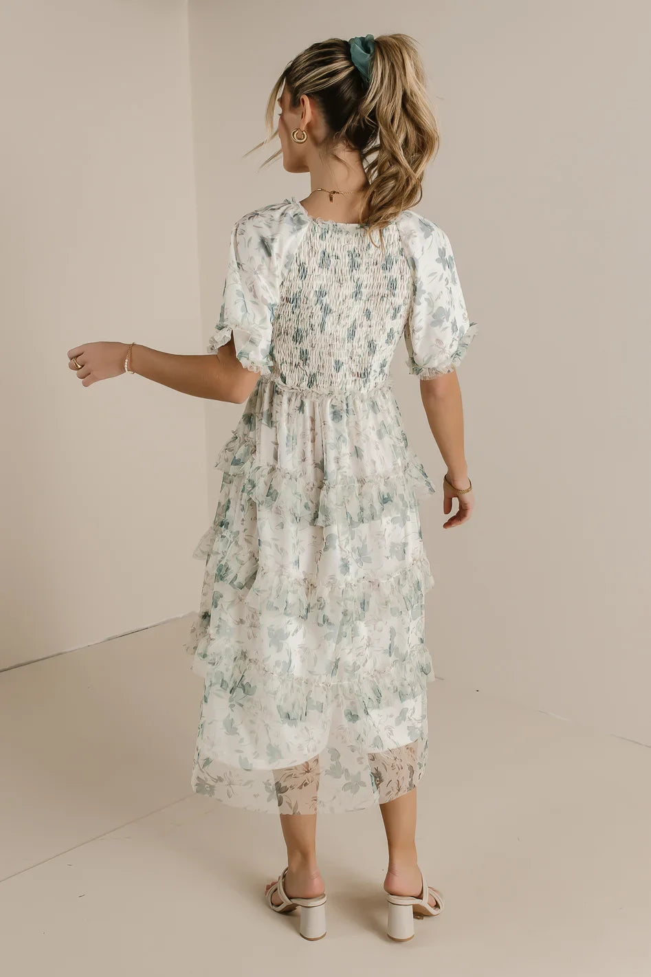 Green Floral Short Sleeves Midi Dress