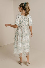 Green Floral Short Sleeves Midi Dress