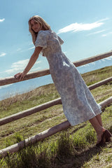 Blue Floral Short Sleeves Midi Dress