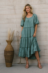 Green Solid Tiered Midi Dress