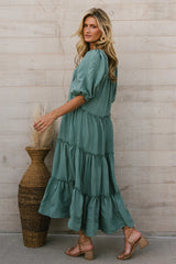 Green Solid Tiered Midi Dress