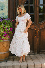 Pink Floral Short Sleeves Midi Dress