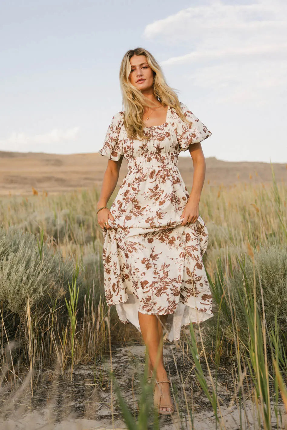 Dorothea Floral Midi Dress in Mocha