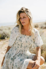 Green Floral Short Sleeves Midi Dress