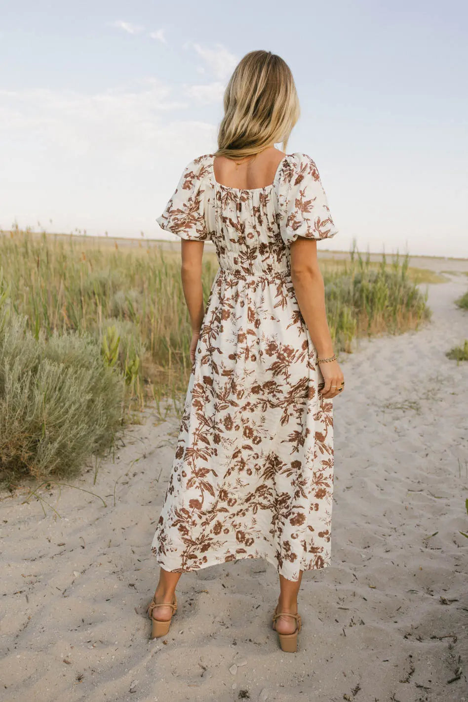 Dorothea Floral Midi Dress in Mocha