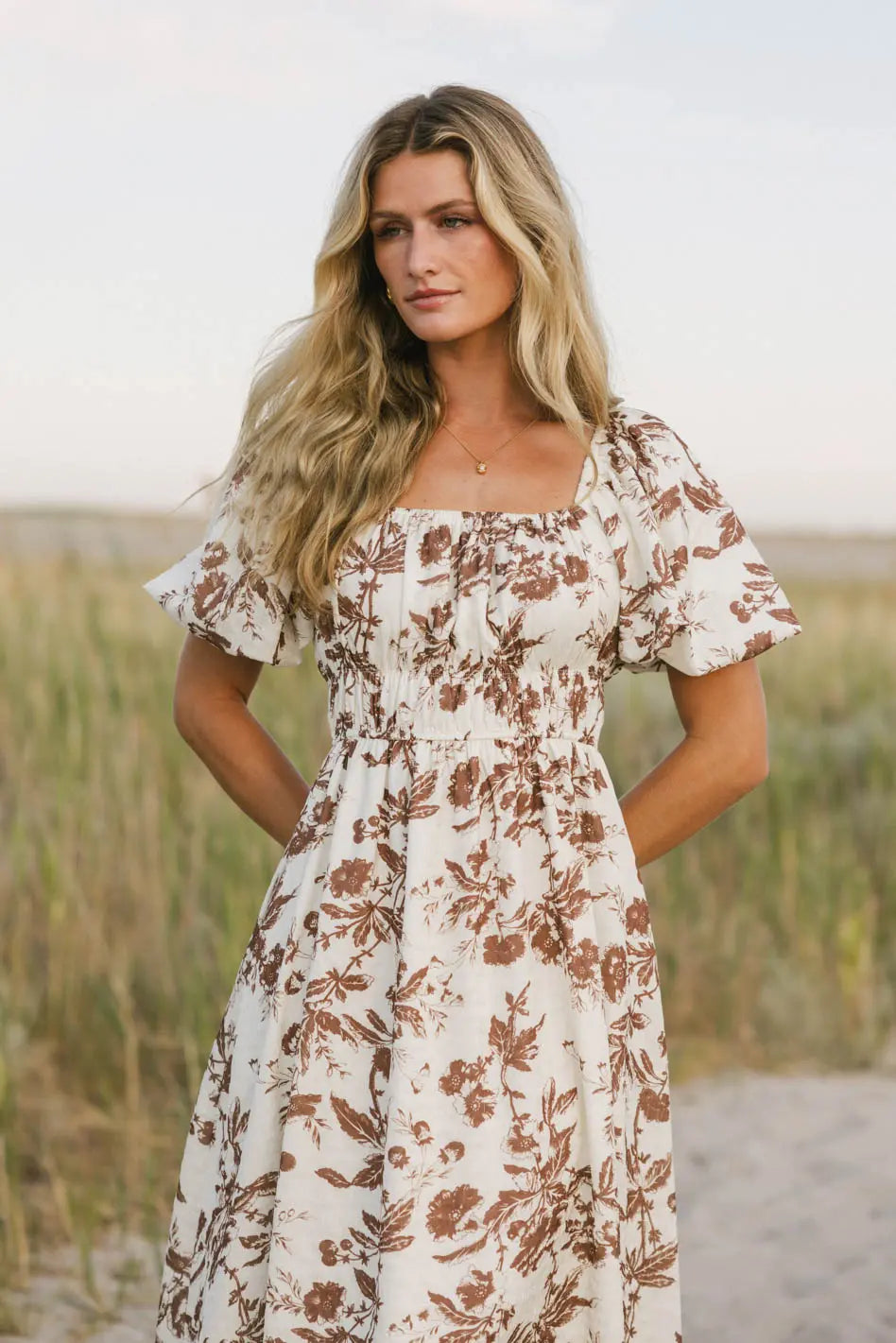 Dorothea Floral Midi Dress in Mocha