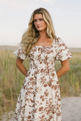 Dorothea Floral Midi Dress in Mocha