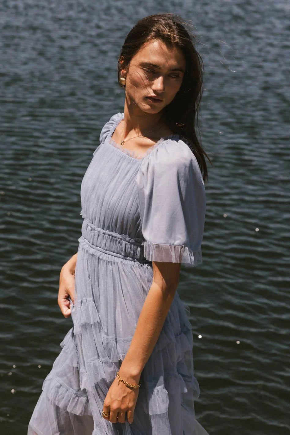 Eugena Ruffled Maxi Dress in Blue