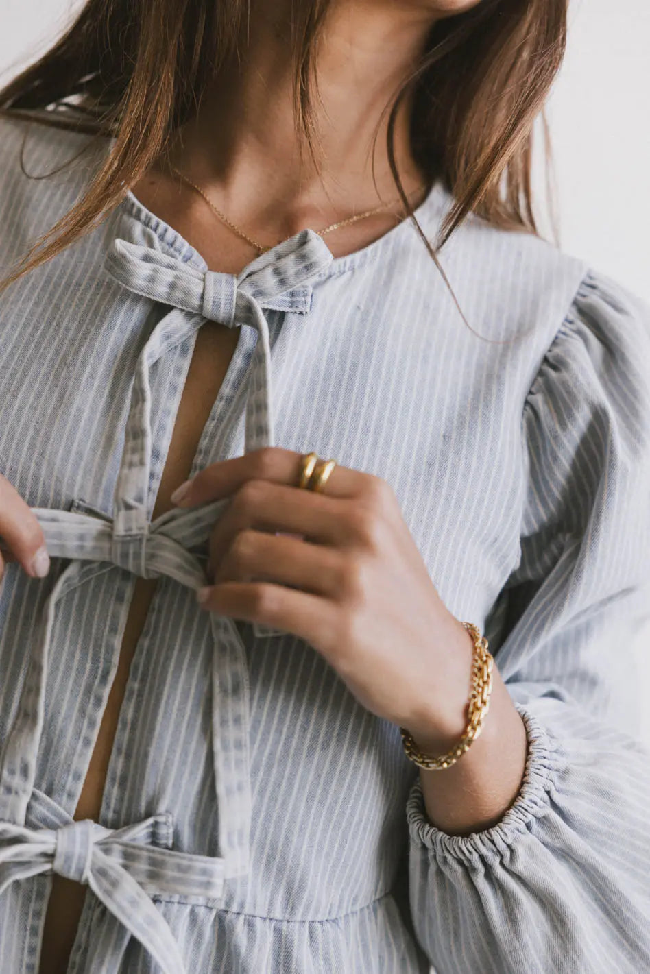 Maggie Peplum Tie Blouse in Light Wash