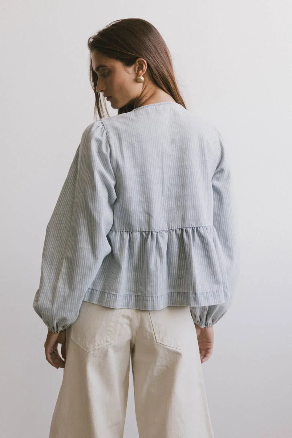 Maggie Peplum Tie Blouse in Light Wash