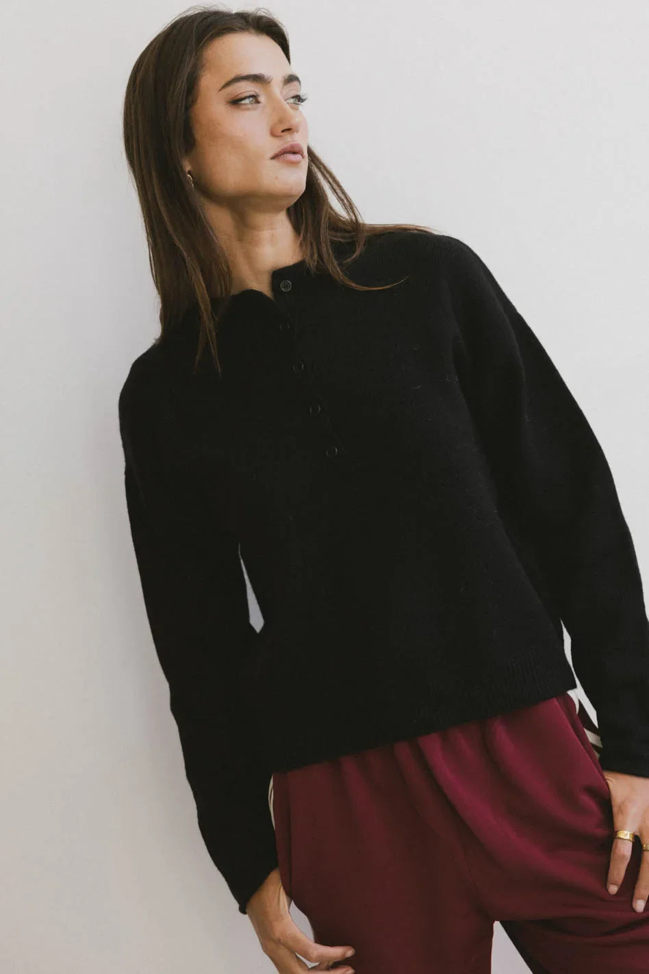Meli Button Front Knit Sweater in Black