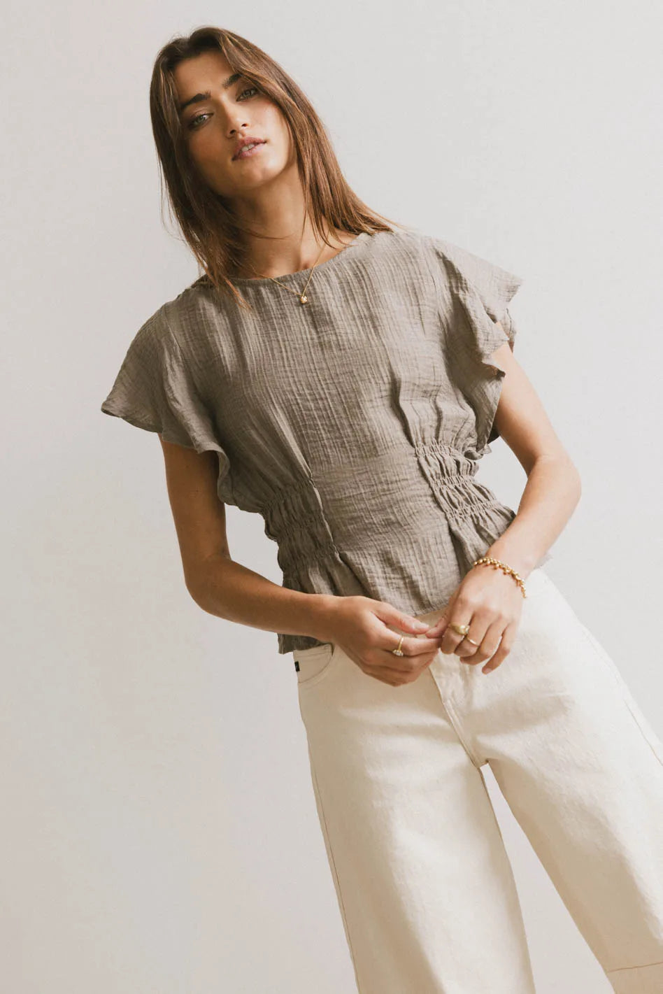 Whit Smocked Blouse in Olive