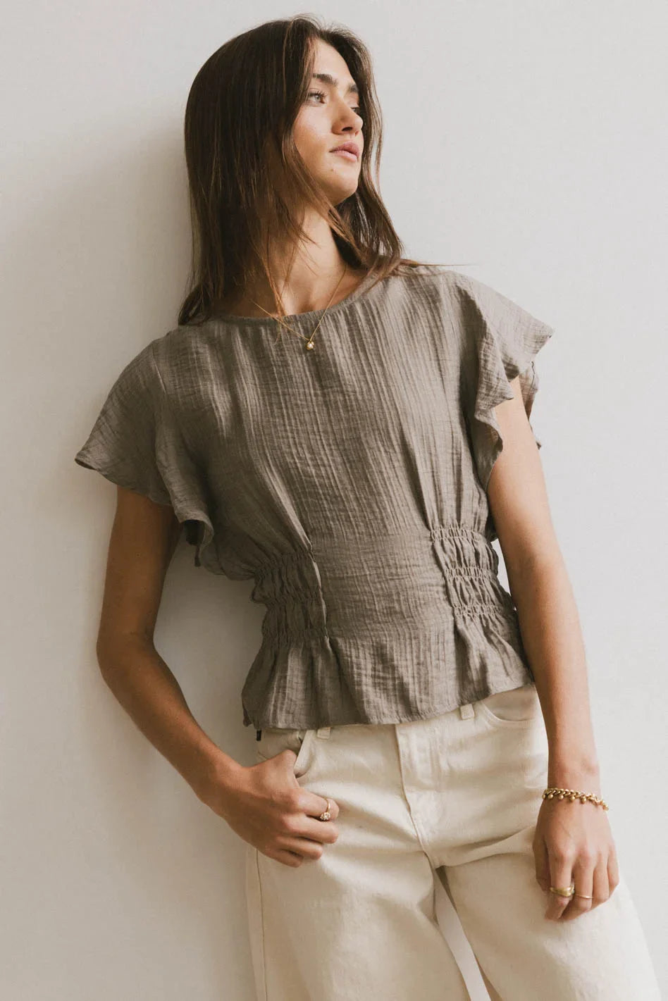 Whit Smocked Blouse in Olive