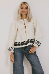 Stariana Embroidered Tie Blouse in Cream