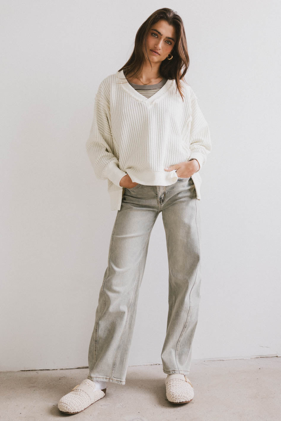 Ellis Waffle Knit Top in Cream