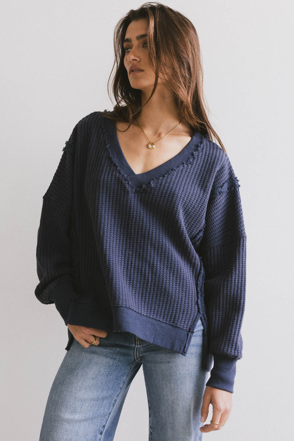 Ellis Waffle Knit Top in Navy