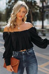 Negin Satin Billowed Crop Blouse - Black