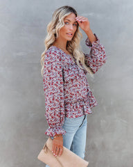 Purple Floral Long Sleeves Chiffon Blouse