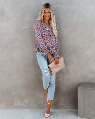 Purple Floral Long Sleeves Chiffon Blouse