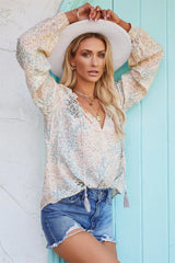 Maynard Printed Smocked Tassel Blouse - Cream