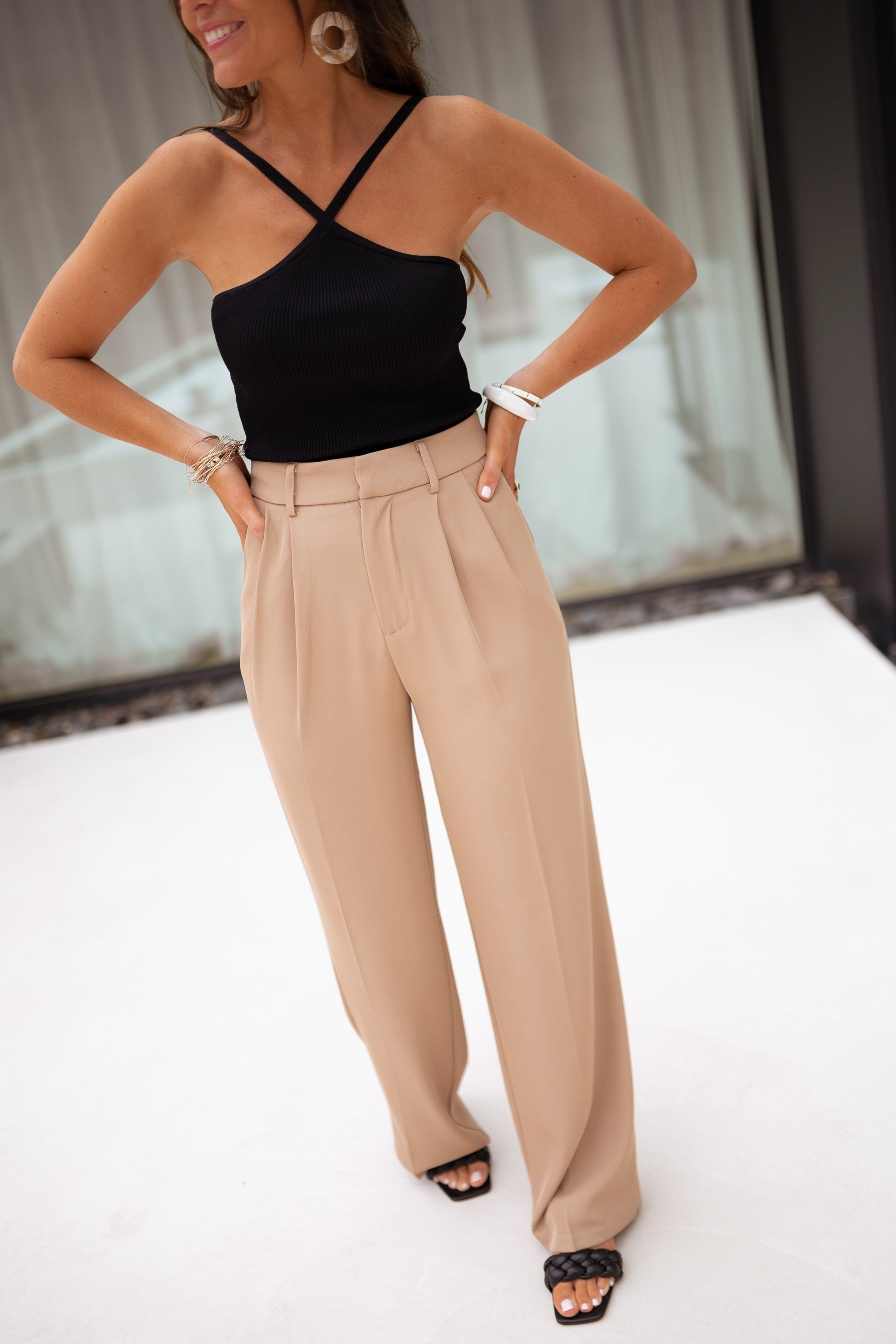 Beige Wide-Leg Casual Pants