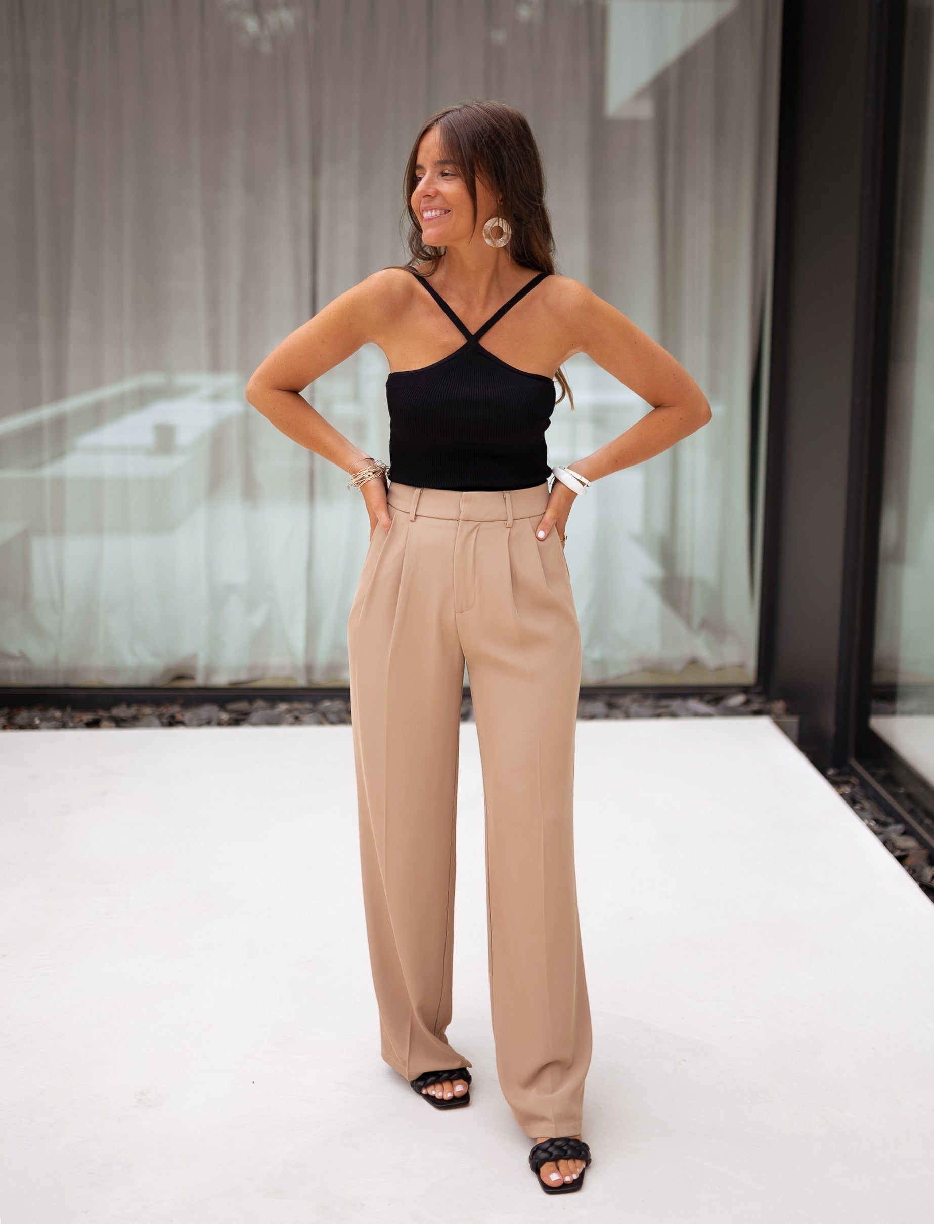 Beige Wide-Leg Casual Pants