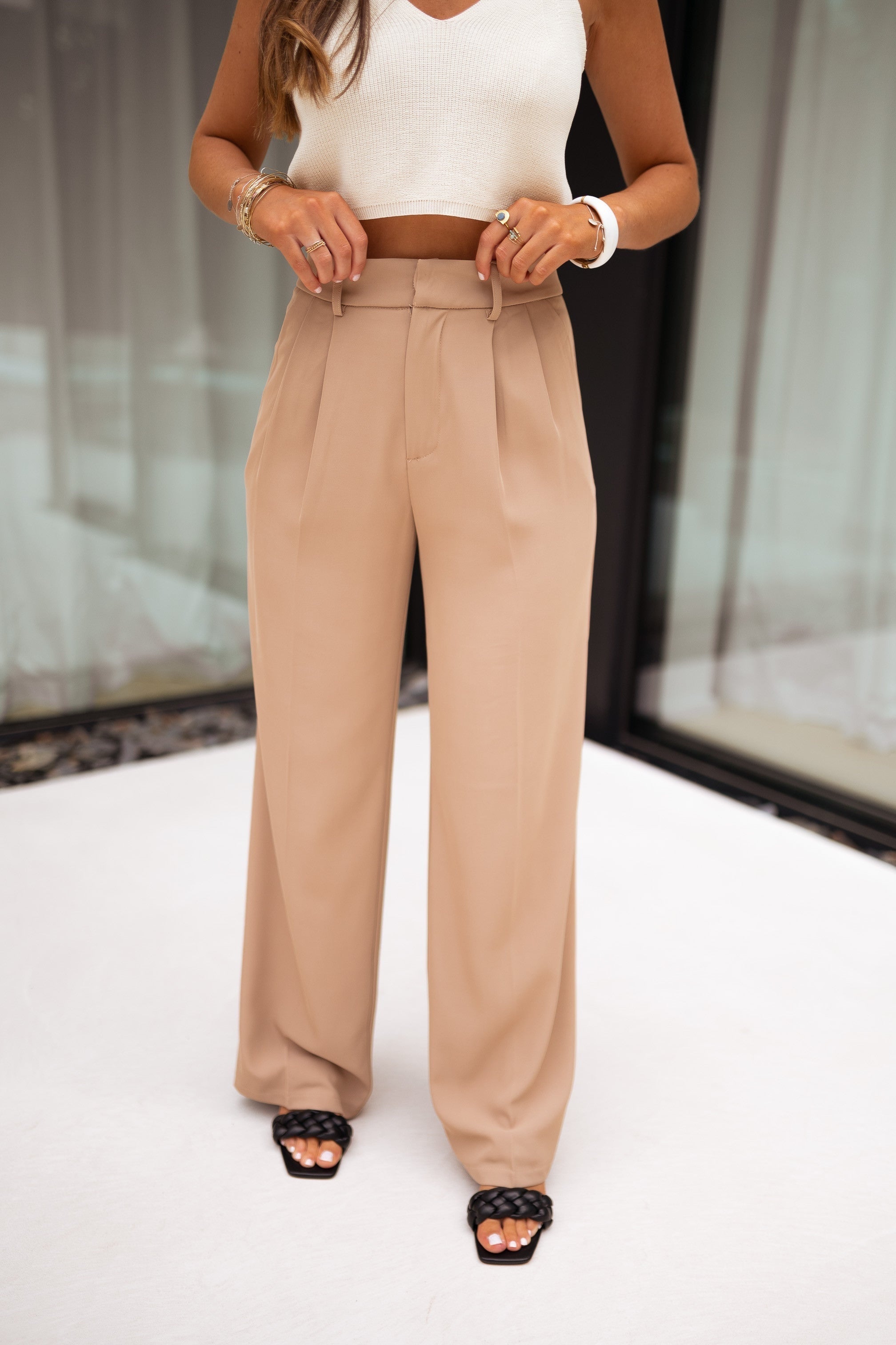 Beige Wide-Leg Casual Pants