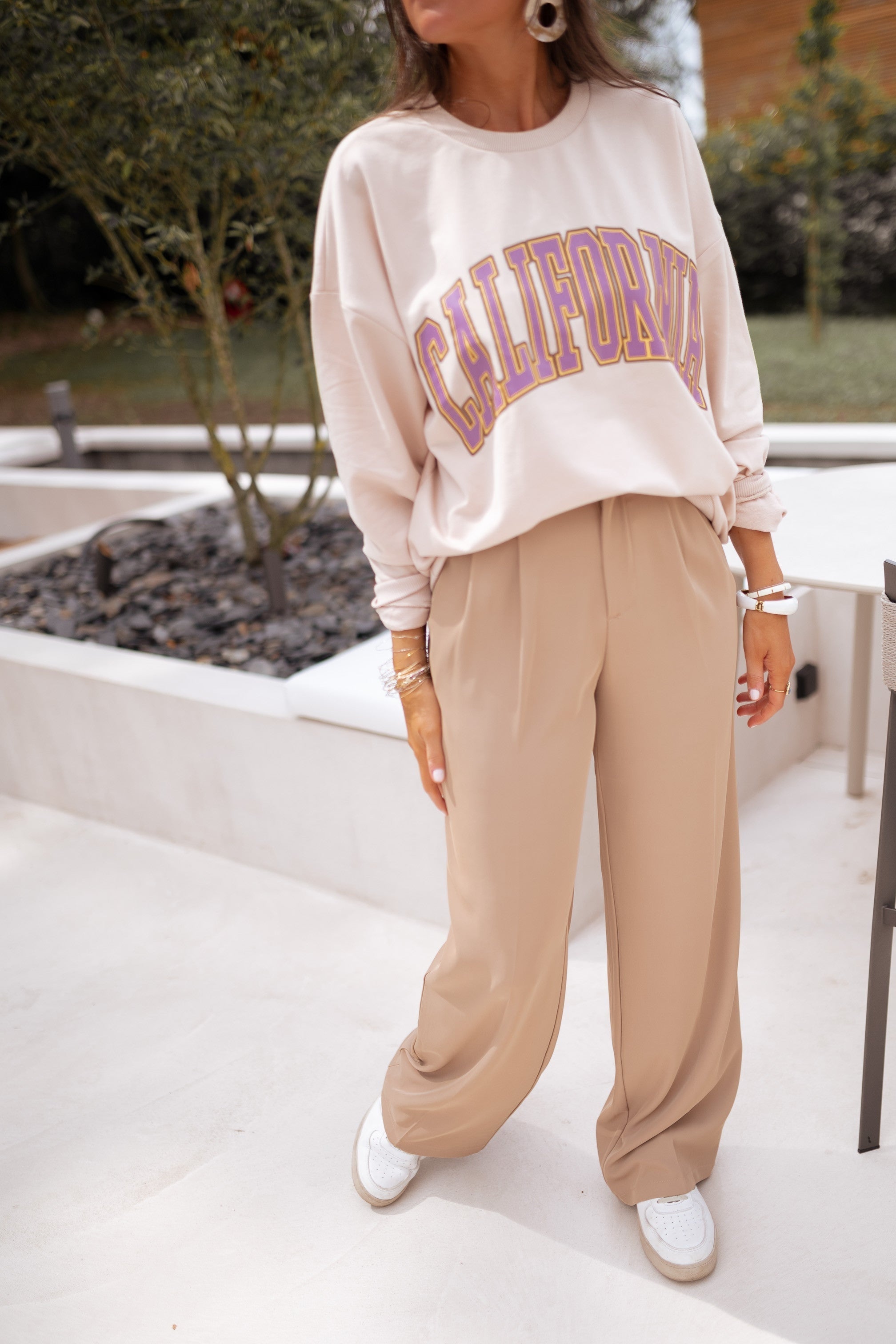 Beige Wide-Leg Casual Pants