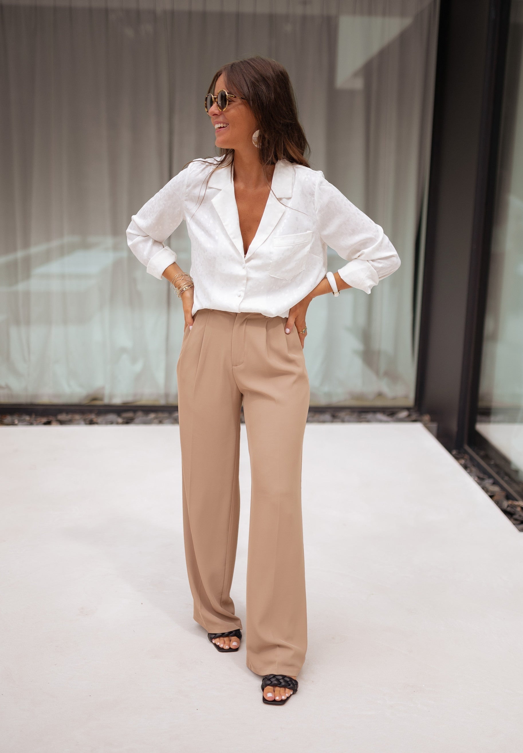 Beige Wide-Leg Casual Pants