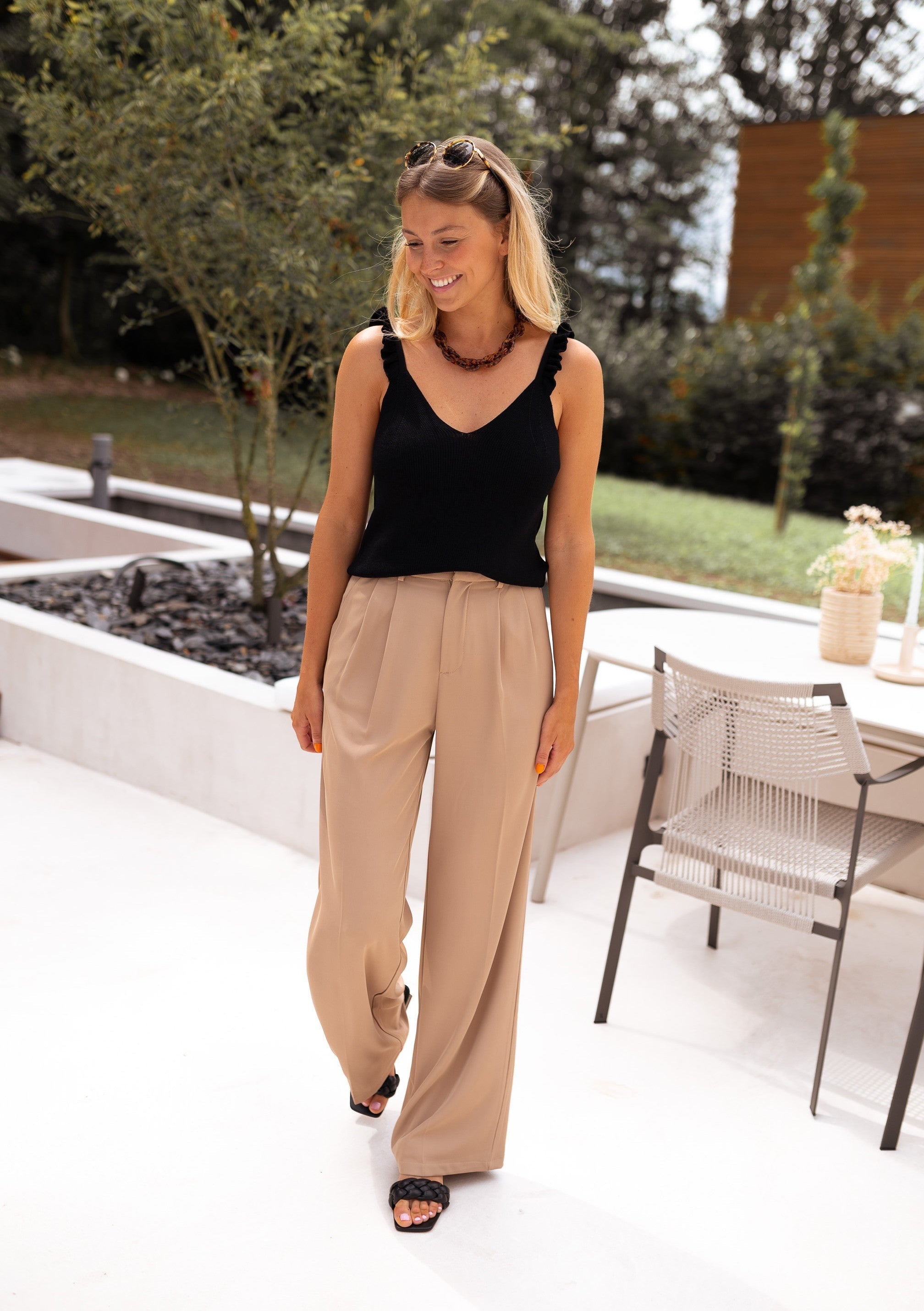 Beige Wide-Leg Casual Pants