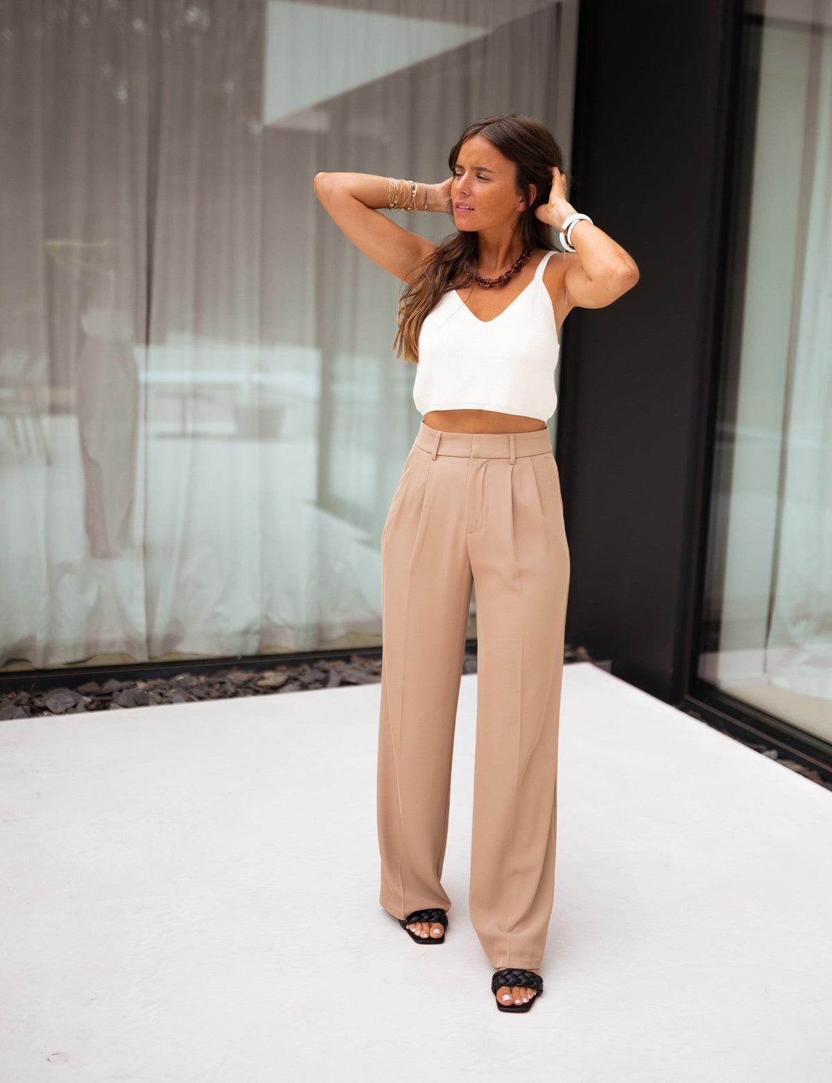 Beige Wide-Leg Casual Pants