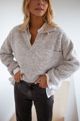 Light Grey Ribbed Knit Collared Sweater