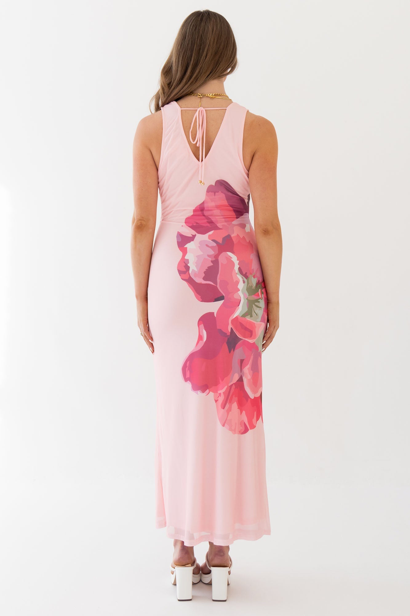 Pink Rose Print Midi Dress