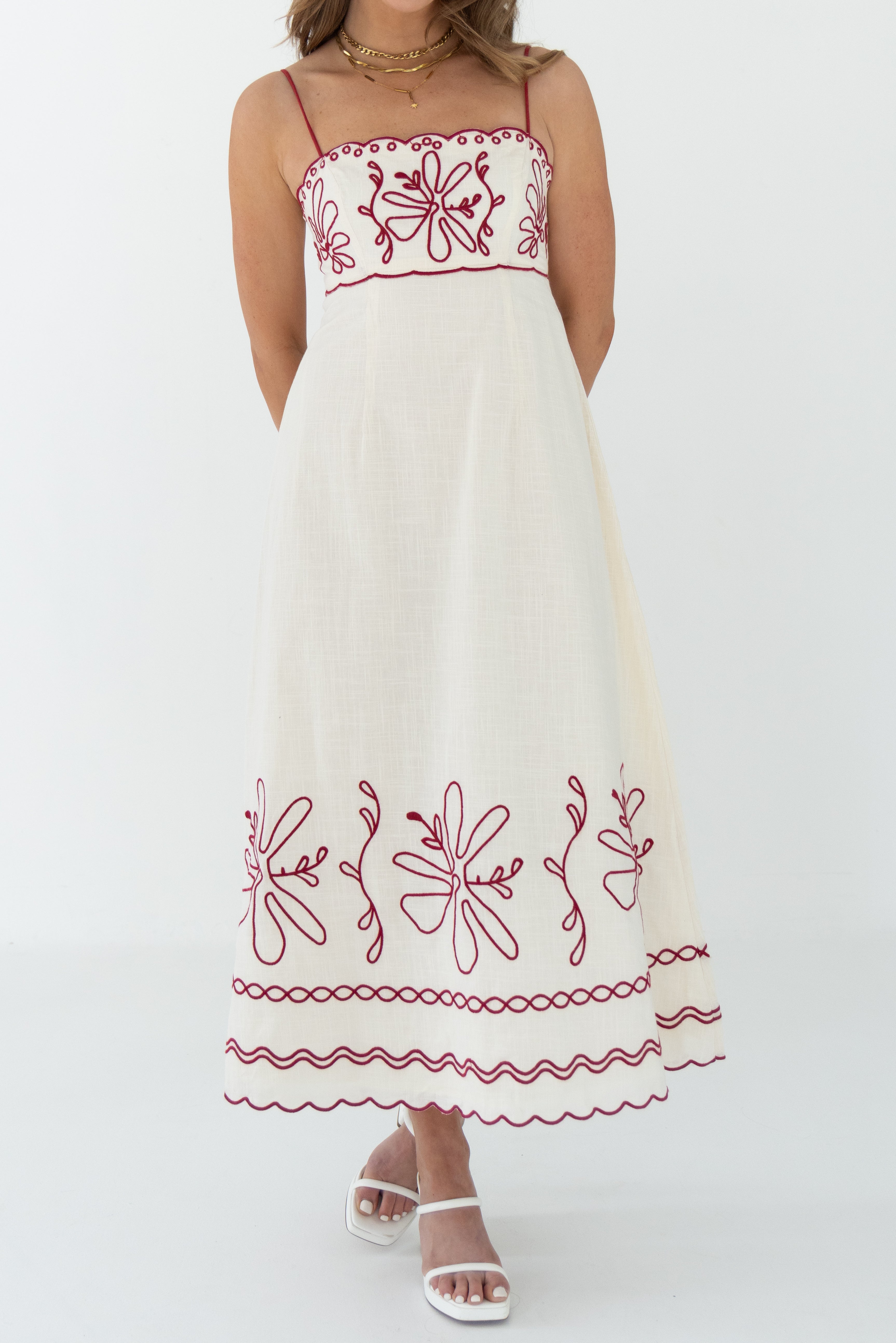 Red Floral Silhouette Print Midi Dress