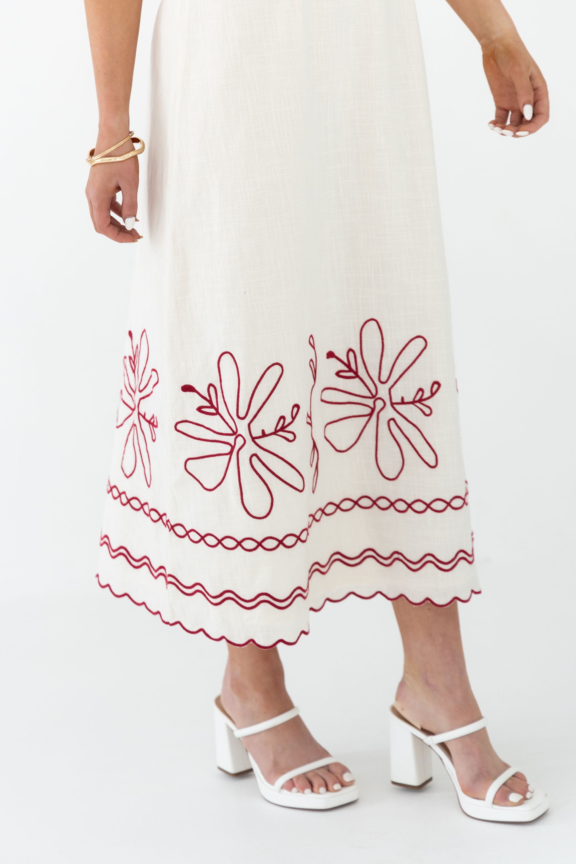 Red Floral Silhouette Print Midi Dress