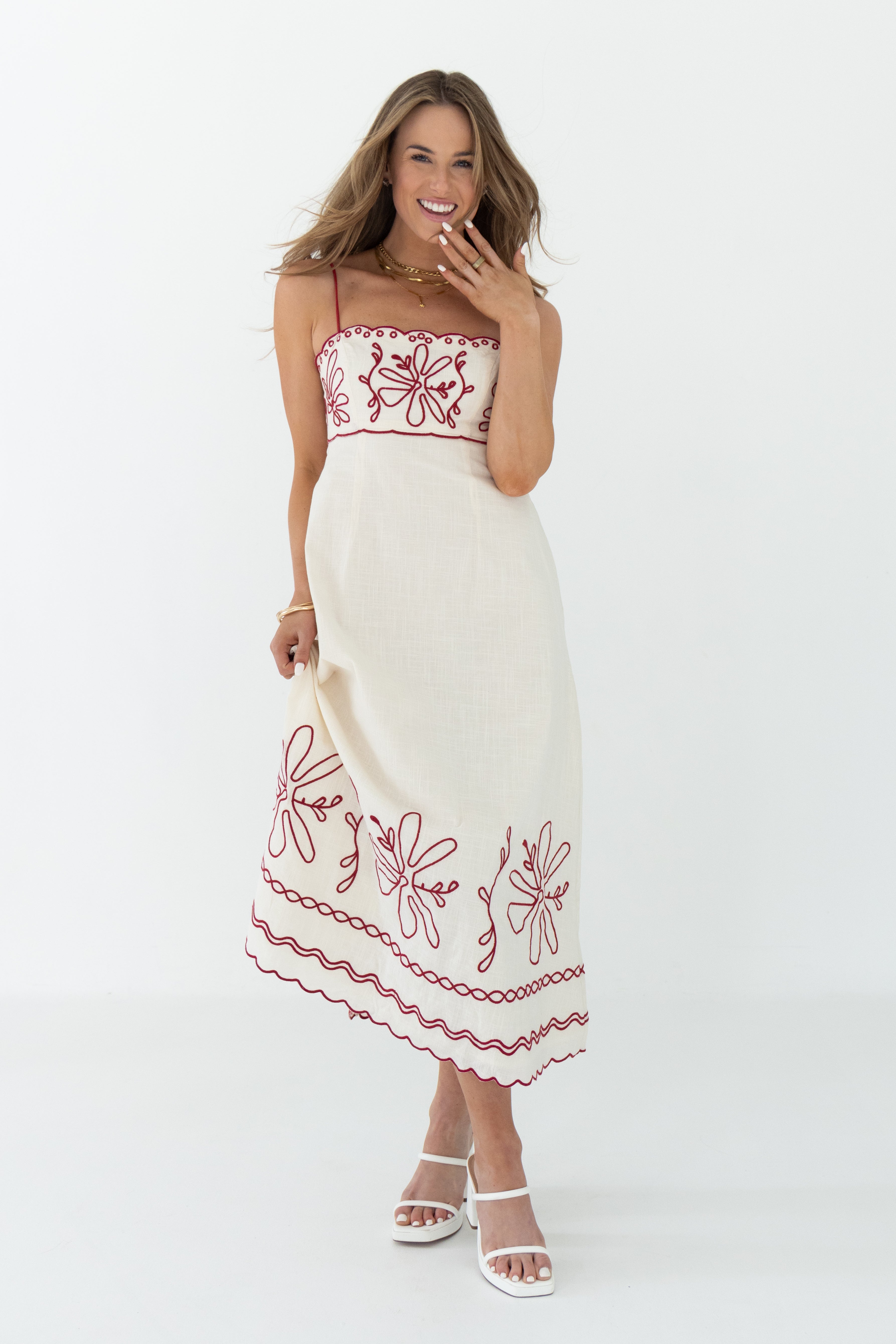 Red Floral Silhouette Print Midi Dress
