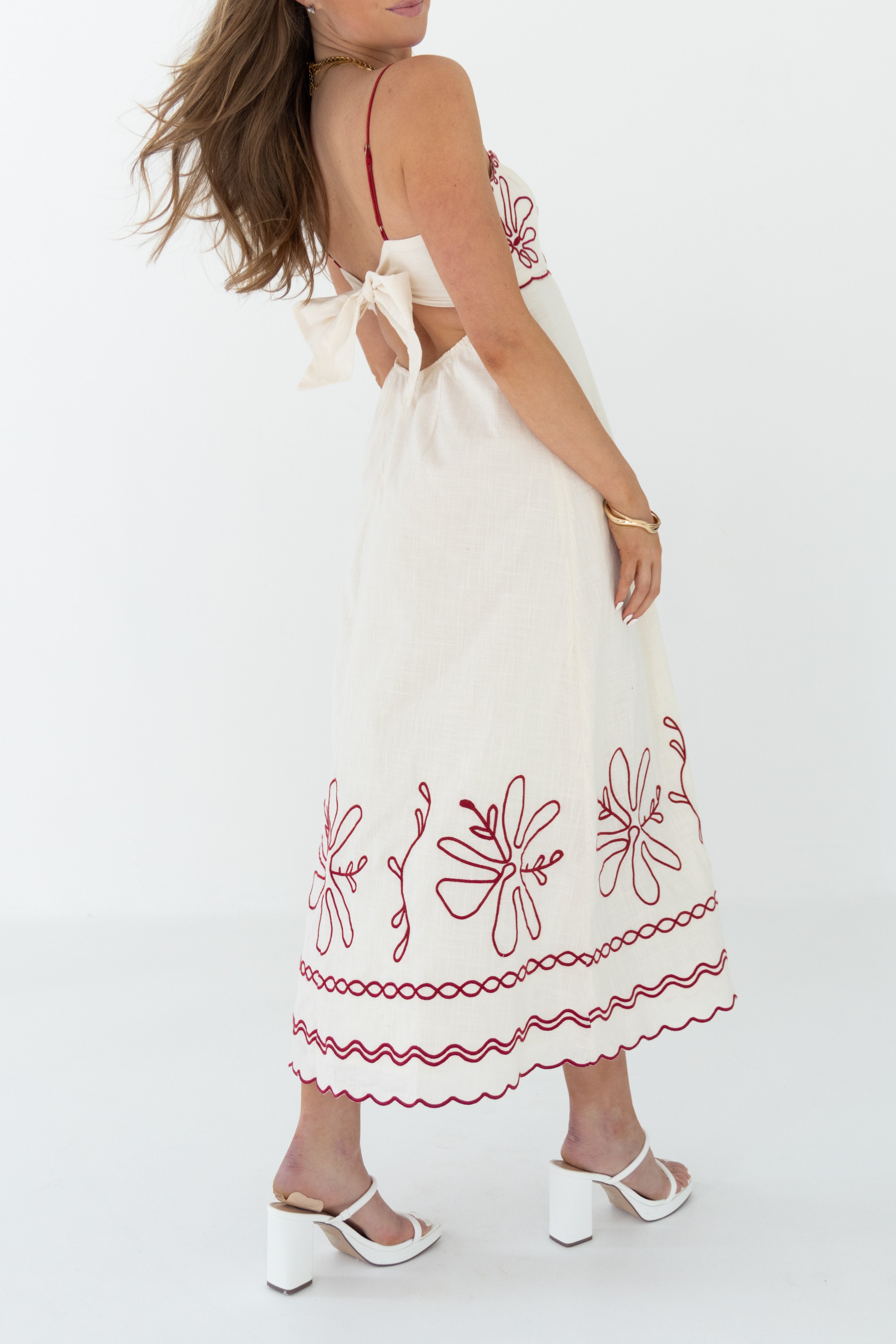 Red Floral Silhouette Print Midi Dress