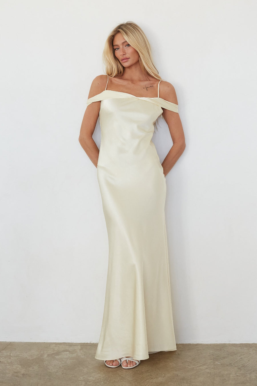 Light Yellow Off the Shoulder Satin Maxi Dress