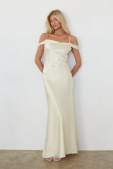 Light Yellow Off the Shoulder Satin Maxi Dress