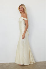 Light Yellow Off the Shoulder Satin Maxi Dress