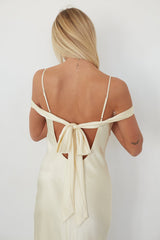 Light Yellow Off the Shoulder Satin Maxi Dress